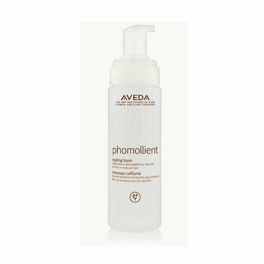 Flacone bianco con dosatore, logo Aveda e "phomollient". Logo vegano.