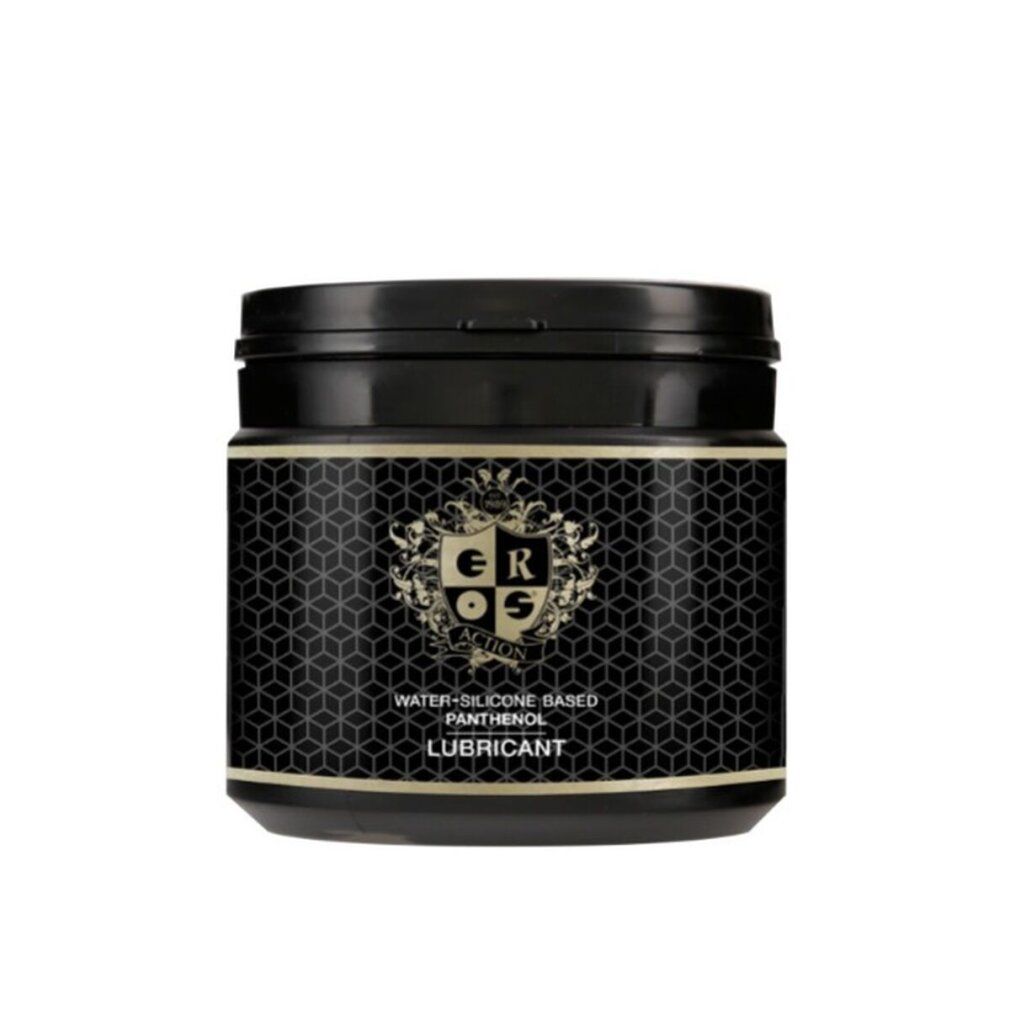 Contenitore nero con etichetta dorata. Testo: EROS Action, base acqua-silicone, pantenolo, lubrificante. Motivo geometrico.