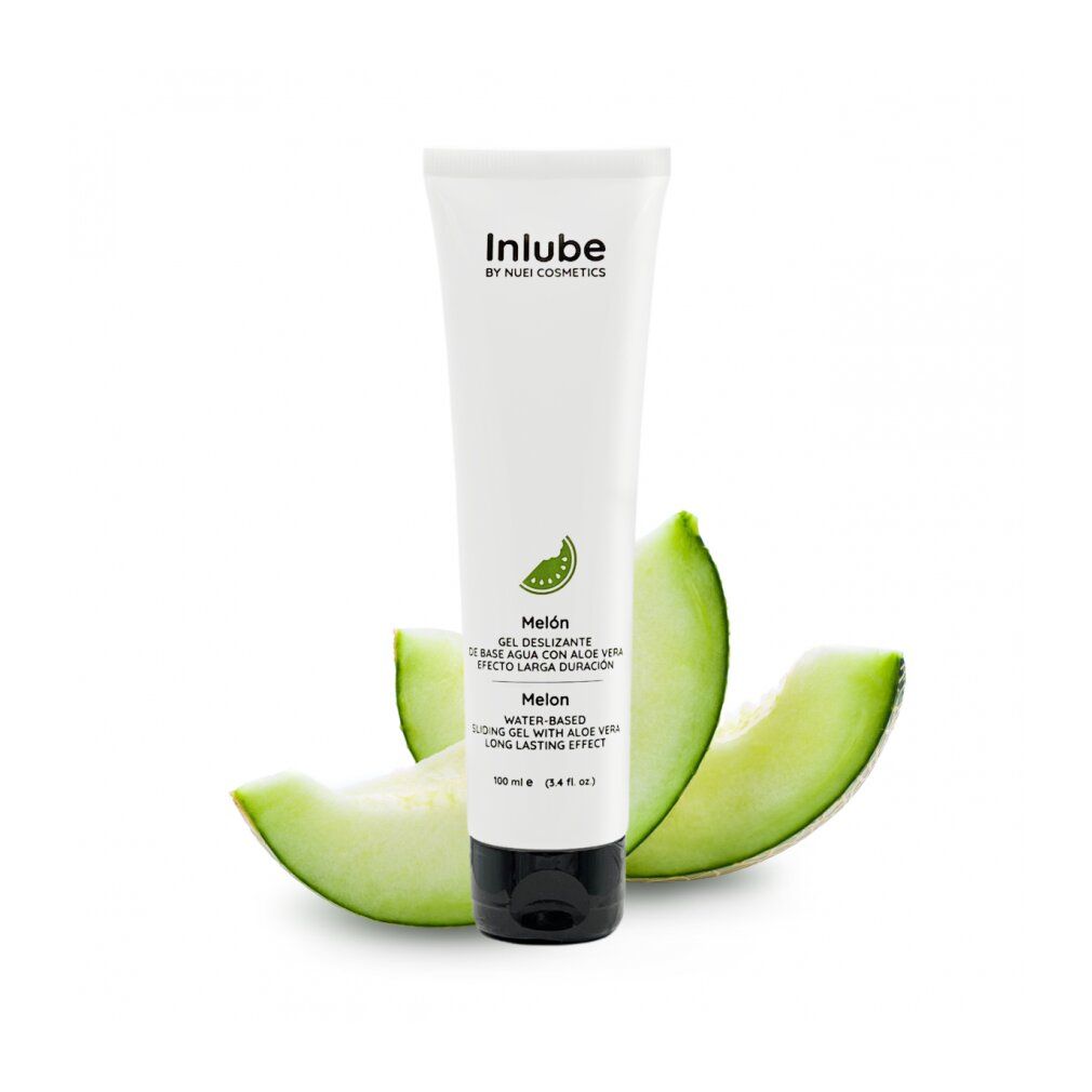 Tubo bianco con tappo nero, fette di melone. Scritta: Inlube, Melon, gel lubrificante all'aloe vera.