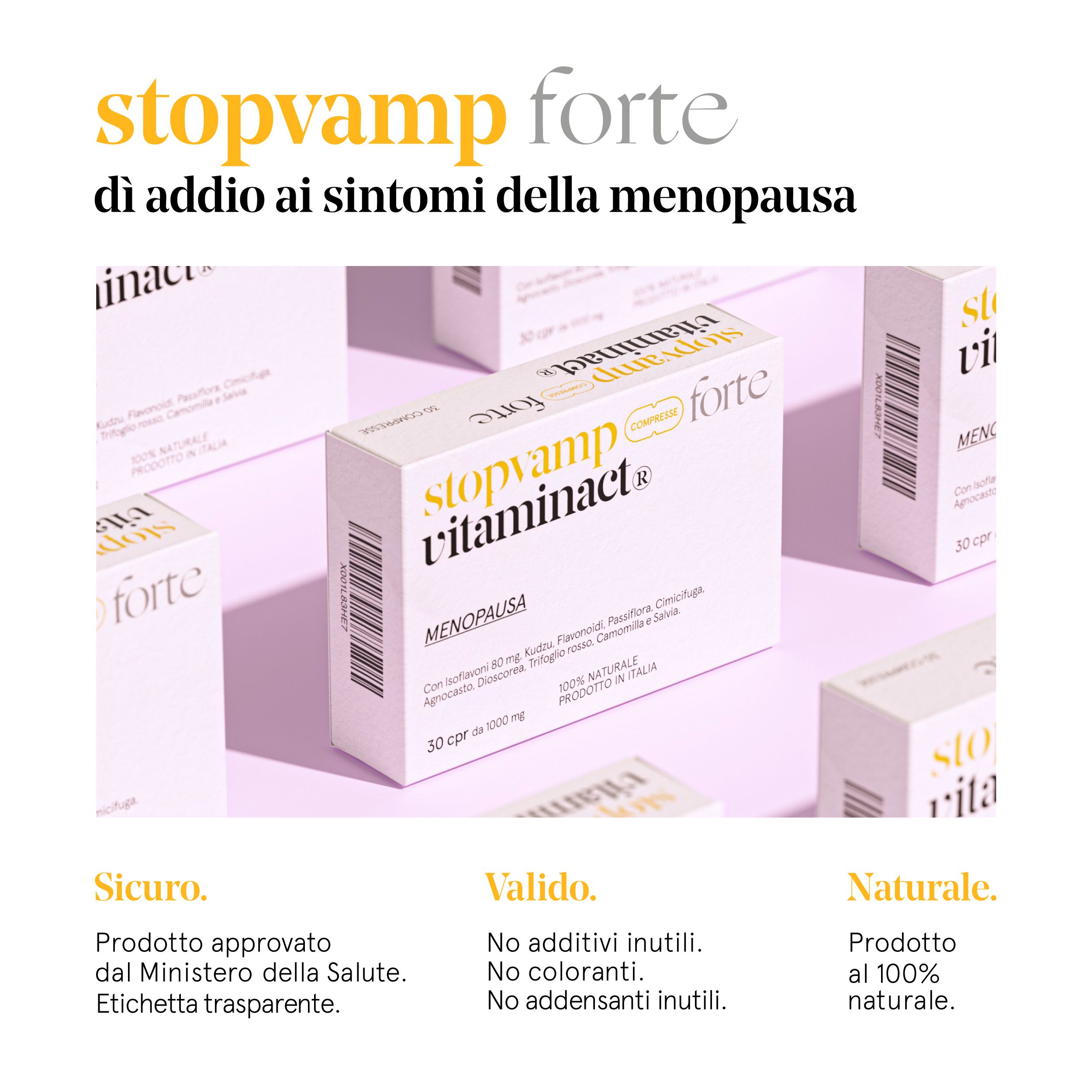 Immagine del prodotto "stopvamp forte vitaminact" e testo: "Addio ai sintomi della menopausa".