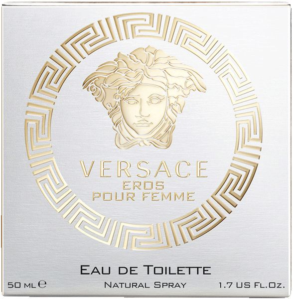 Versace Eros pour Femme Eau de Toilette. Scatola con logo e scritta. Dettagli dorati.