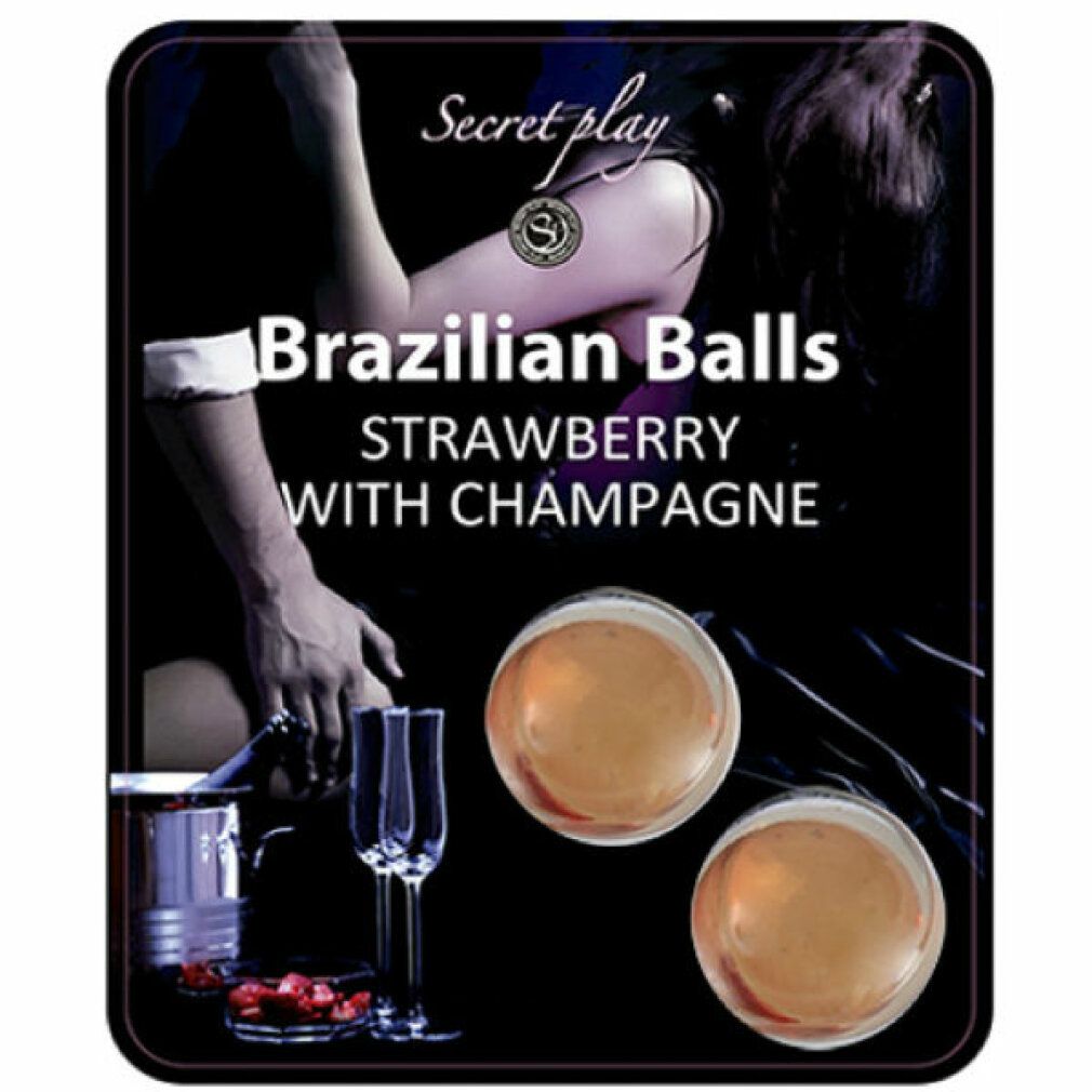 Due sfere trasparenti e rotonde. Su sfondo nero, testo: Brazilian Balls, Strawberry with Champagne. Marchio Secret Play.