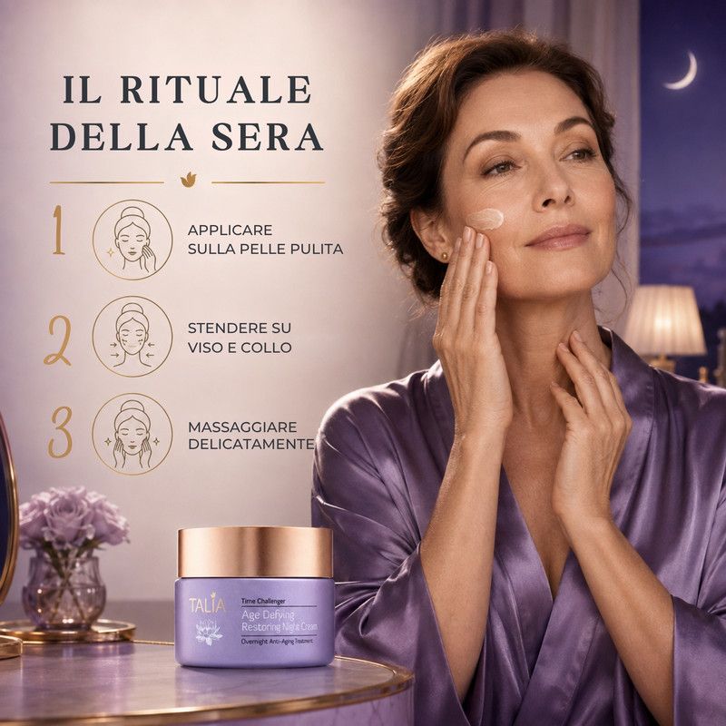 Crema notte restauratrice Age Defying di Talia con icone per Vitamina C (luminosità), Acido Ialuronico (idratazione), Peptidi (linee) e Squalano (elasticità).