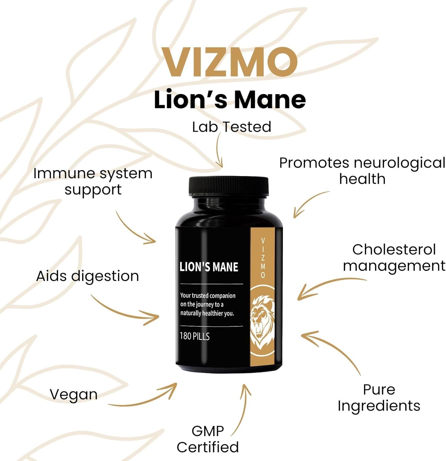 Flacone nero di capsule Lion's Mane, 180 pillole. Logo Vizmo. Supporta il sistema immunitario, la digestione, ecc. Certificato GMP.