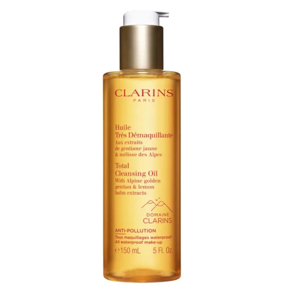 Clarins Total Cleansing Oil. Flacone giallo con dosatore. Testo: Huile Très Démaquillante, Total Cleansing Oil, Anti-Pollution. Marchio Clarins.
