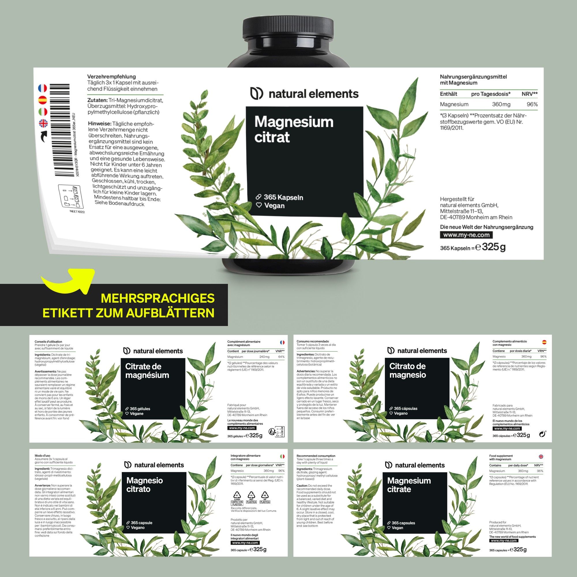 Etichetta con informazioni sul prodotto e testi multilingue. Contiene informazioni sugli ingredienti e sul produttore.