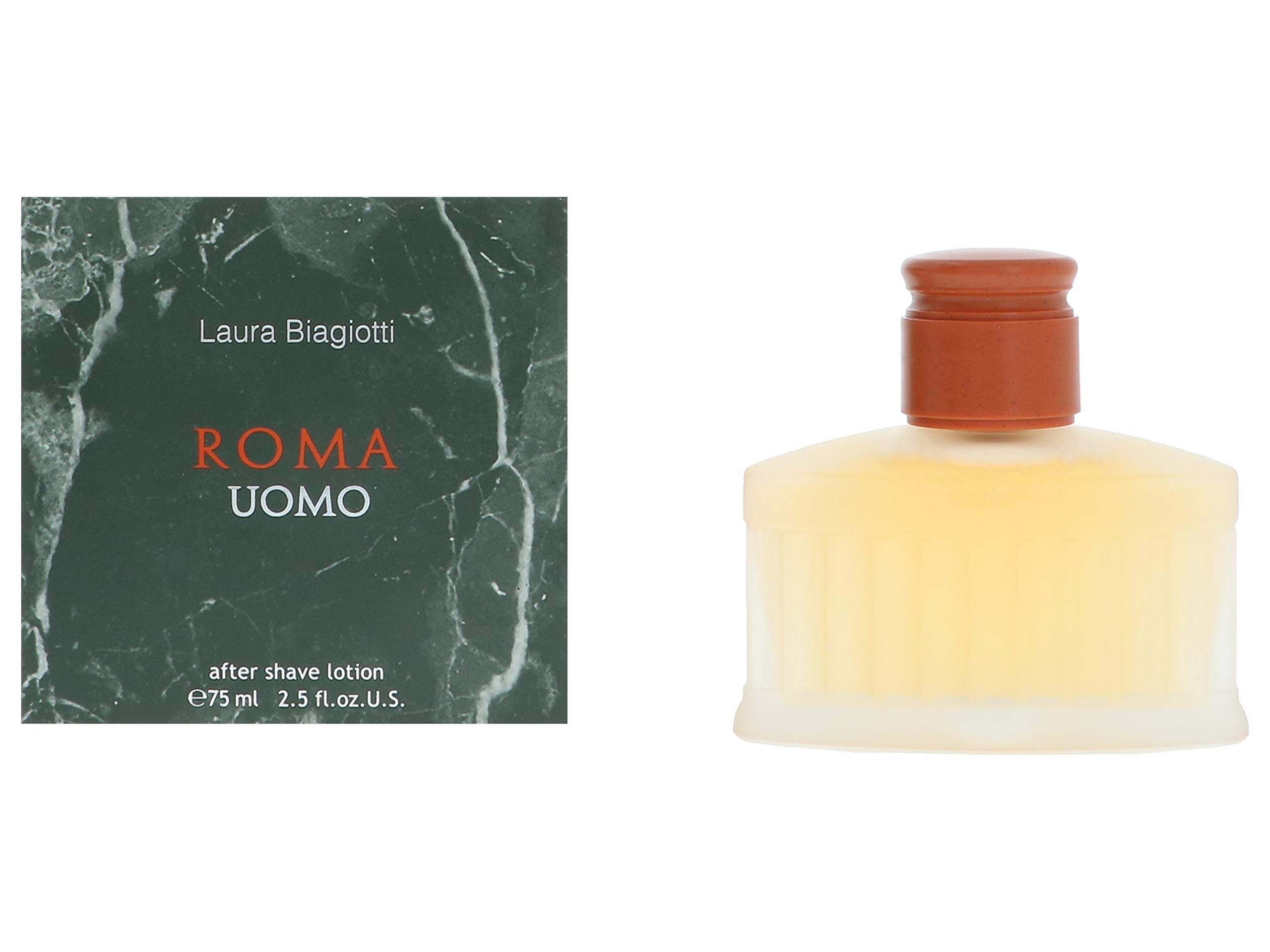 Flacone e confezione di Laura Biagiotti Roma Uomo. Flacone con tappo marrone, confezione con motivo marmorizzato e scritta.