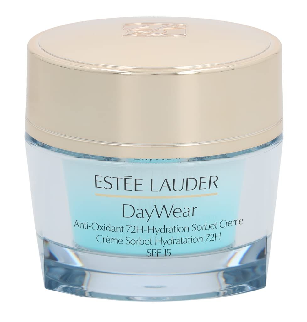Contenitore in vetro con coperchio dorato. Testo: Estée Lauder, DayWear, Anti-Oxidant 72H-Hydration Sorbet Creme, SPF 15. Prodotto visibile.