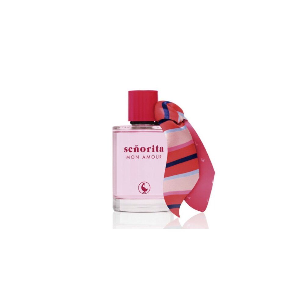 Flacone in vetro con liquido rosa, tappo rosso e nastro colorato. Scritta: señorita MON AMOUR. Logo.