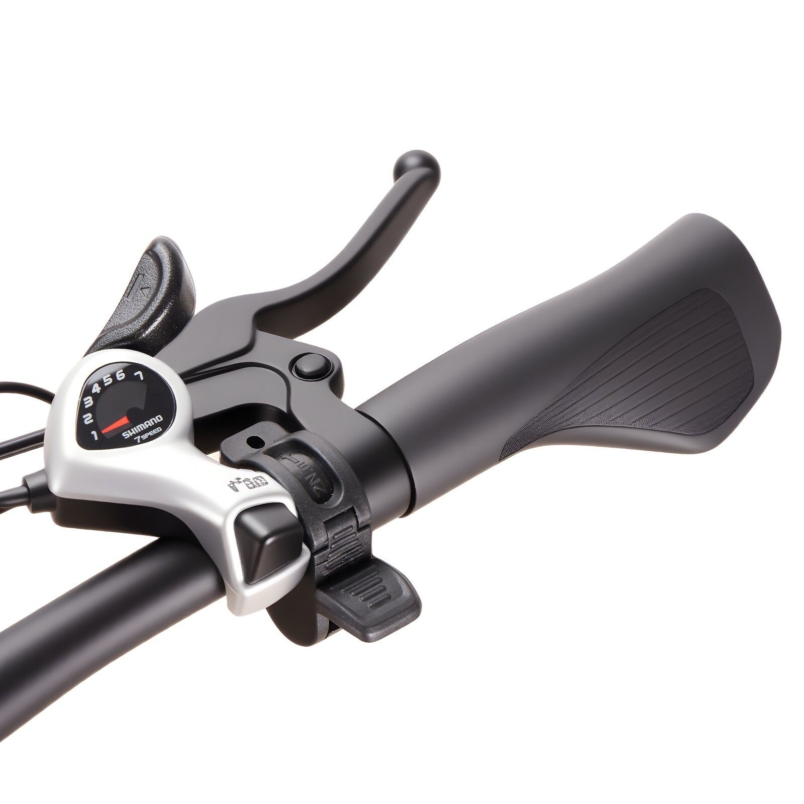 Manubrio con impugnatura, leva del freno e cambio. Colore nero. Logo Shimano visibile.
