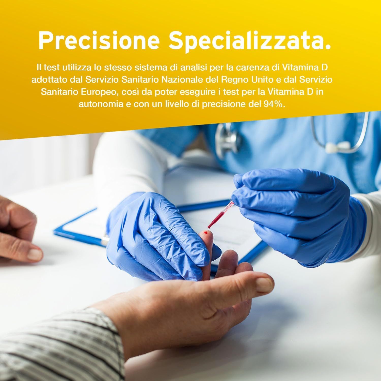 Medico che preleva un campione di sangue. Testo: Precisione esperta. Utilizza lo stesso sistema di test di NHS e servizi sanitari europei.