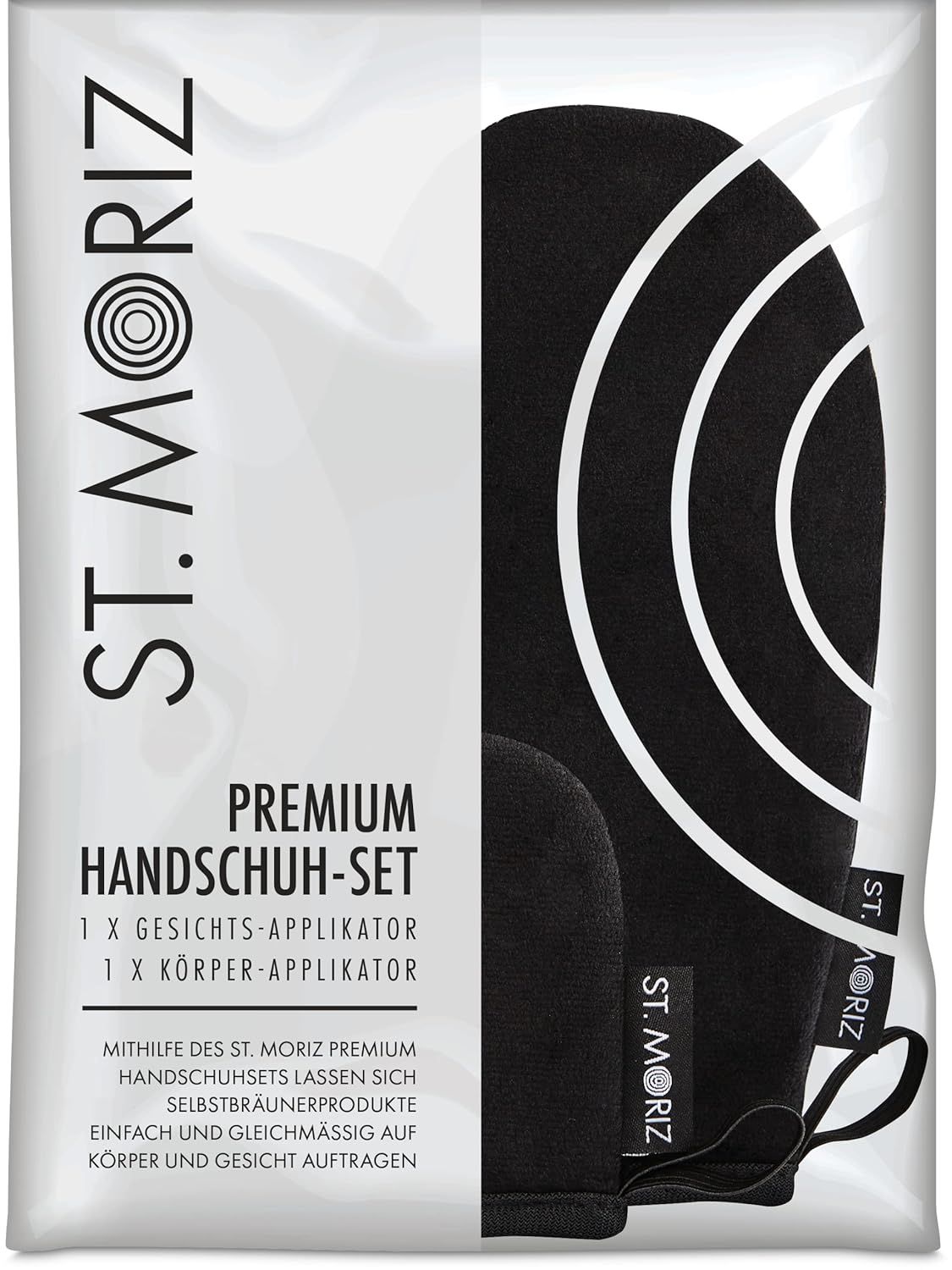 Set di guanti in confezione di plastica. Contiene applicatori viso e corpo. Nome del prodotto e testo sulla confezione.