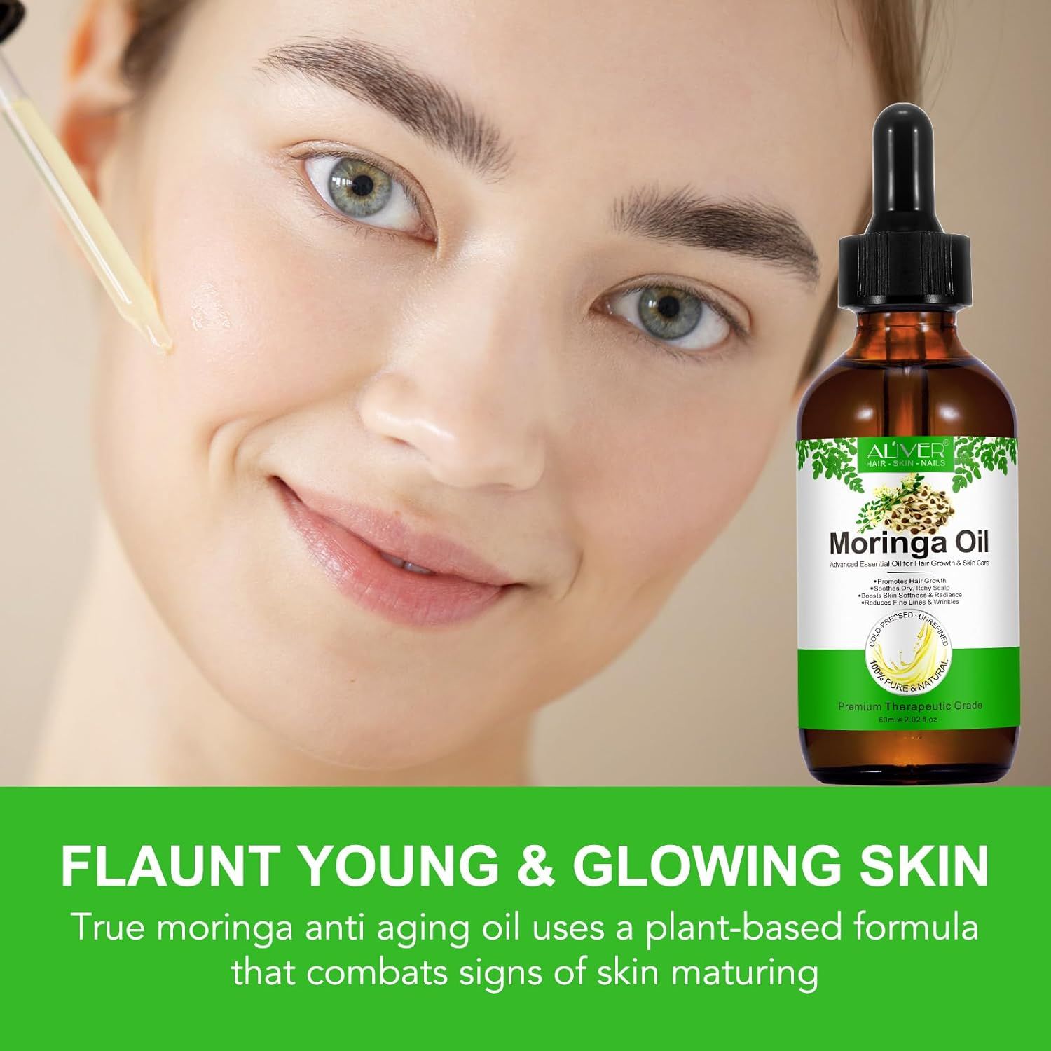 Donna con flacone di olio di Moringa. Scritta: Moringa Oil. Pelle giovane e luminosa. Olio anti-età.