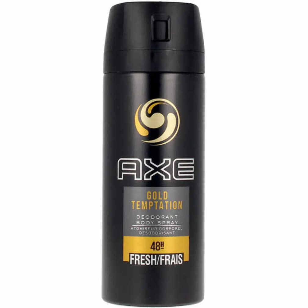 Bomboletta spray deodorante nera con logo e scritta dorati. Visibile "AXE Gold Temptation" e "48h Fresh/Frais".
