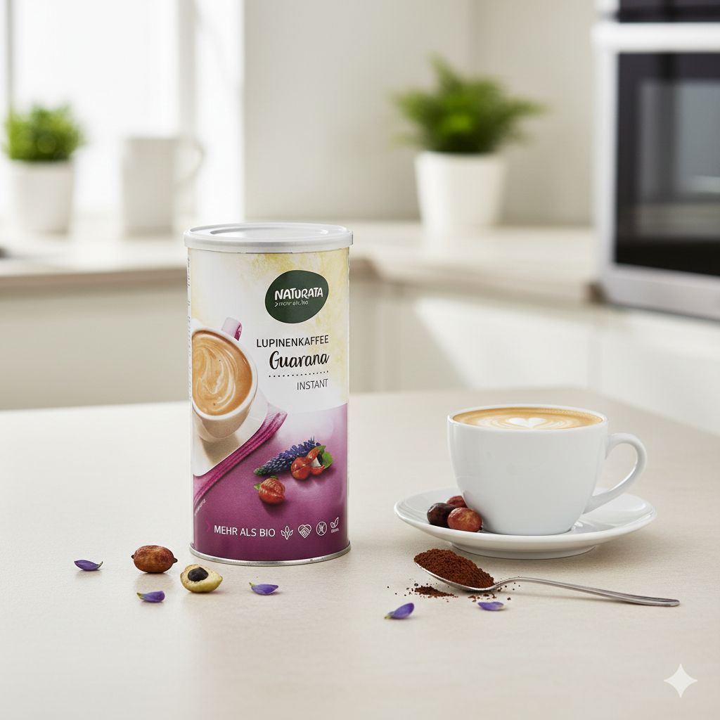 Caffè di lupini Naturata con Guaranà Istantaneo in lattina, accanto a una tazza di caffè e un cucchiaio di polvere.