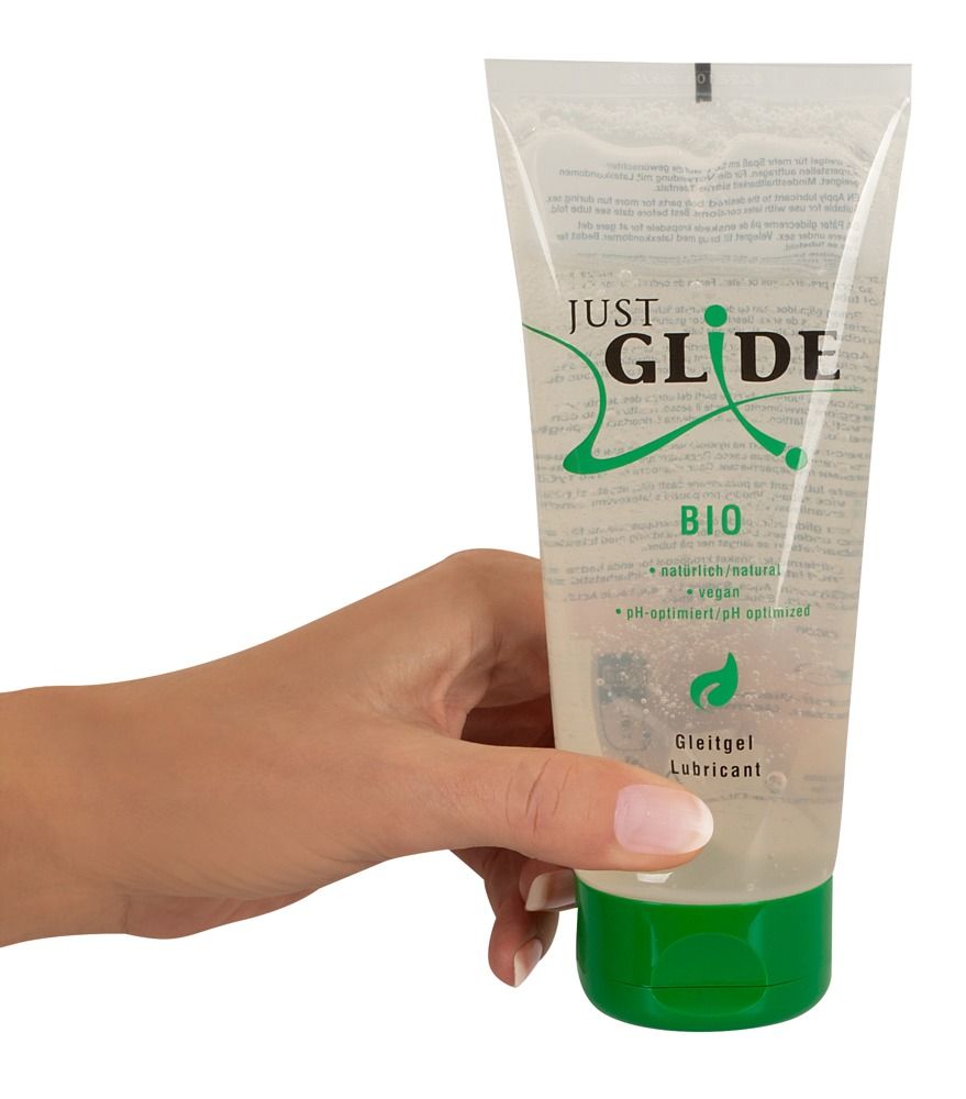 Retro del tubo di gel lubrificante Just Glide Bio con informazioni e simboli di riciclo.