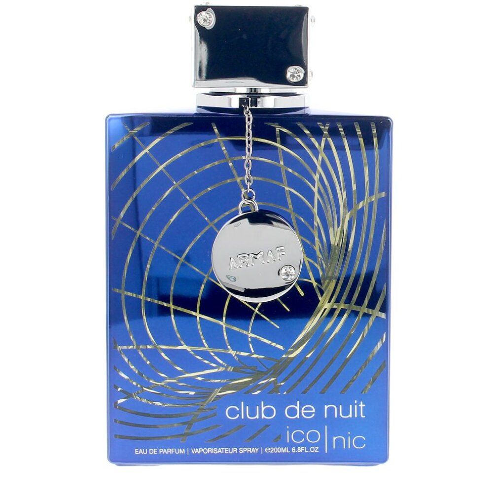 Flacone blu con tappo e pendente argentati. Scritta "Club de Nuit Iconic". Linee dorate su sfondo blu.
