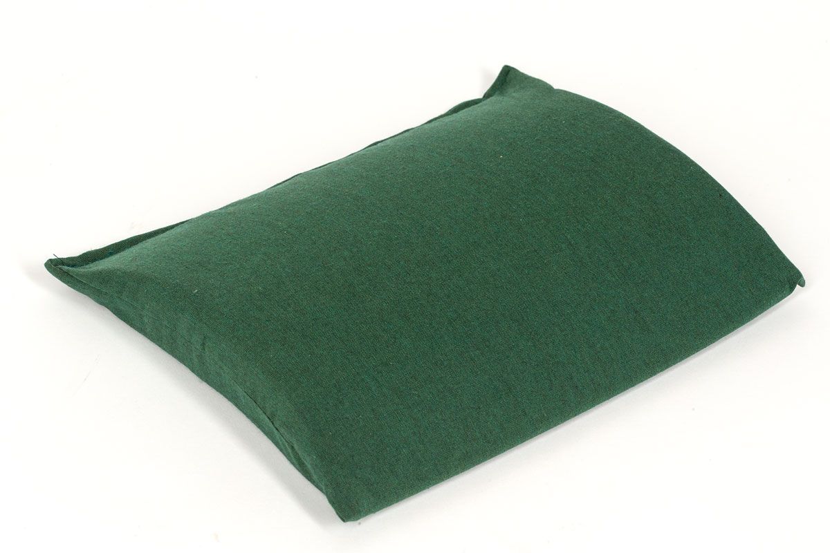 Cuscino verde. Forma rettangolare con angoli arrotondati. Rivestimento in tessuto.