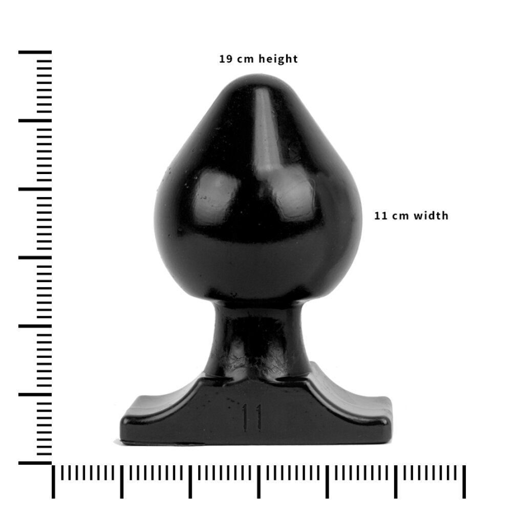 Plug anale nero. 19 cm di altezza, 11 cm di larghezza. Forma: testa a goccia, base larga.