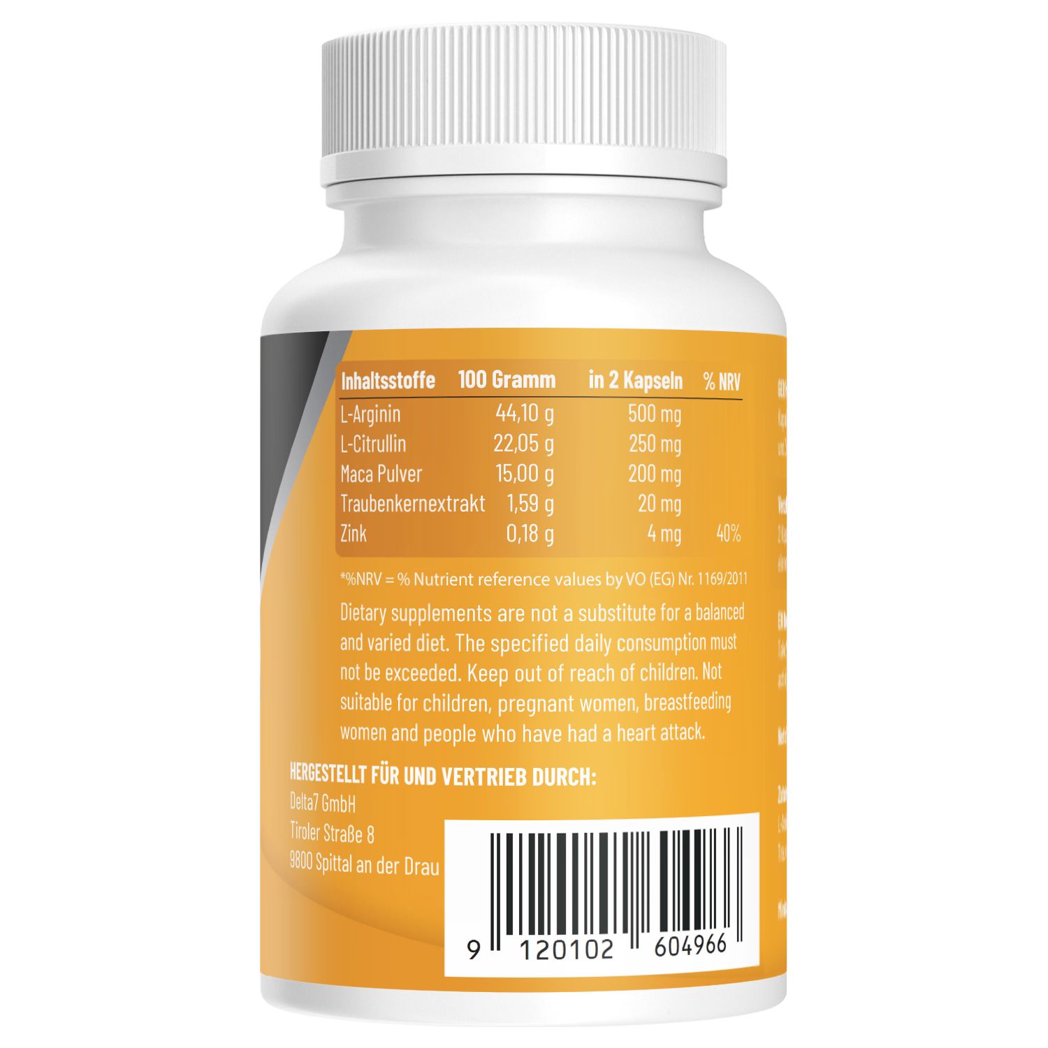 Retro di un flacone di capsule di Maca BANGGERZ con informazioni nutrizionali.