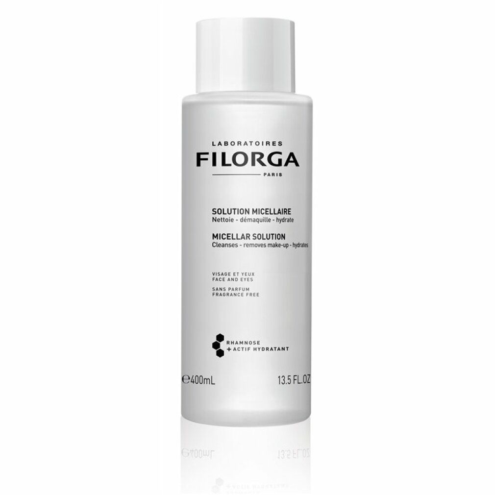Flacone bianco con logo Filorga e testo. Scritta: Solution Micellaire. Deterge, rimuove il trucco, idrata. 400ml, 13.5 FL OZ.