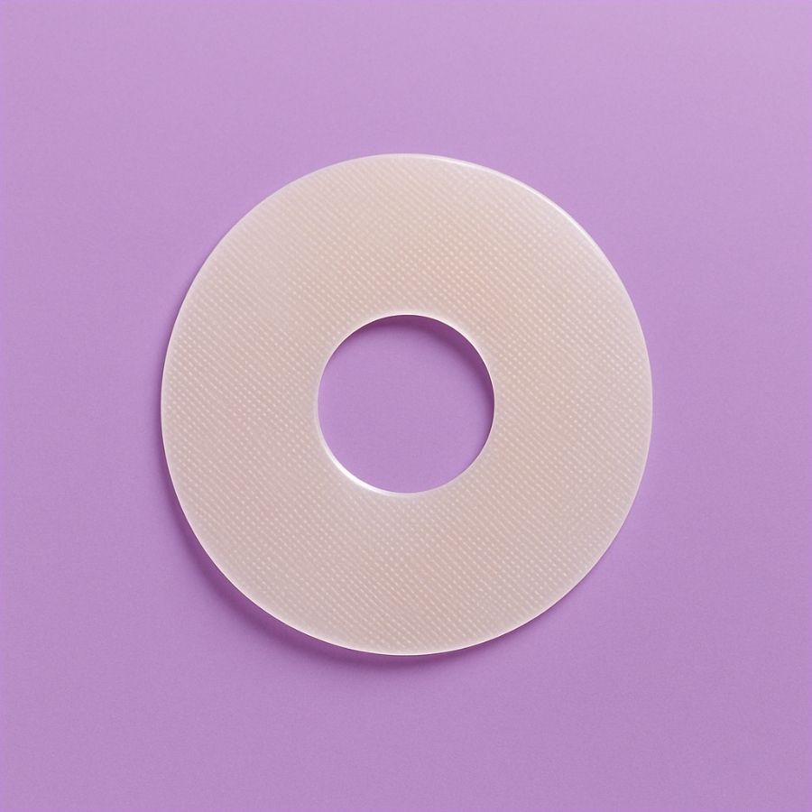 Cerotto circolare in silicone color pelle con foro centrale. Sfondo viola.