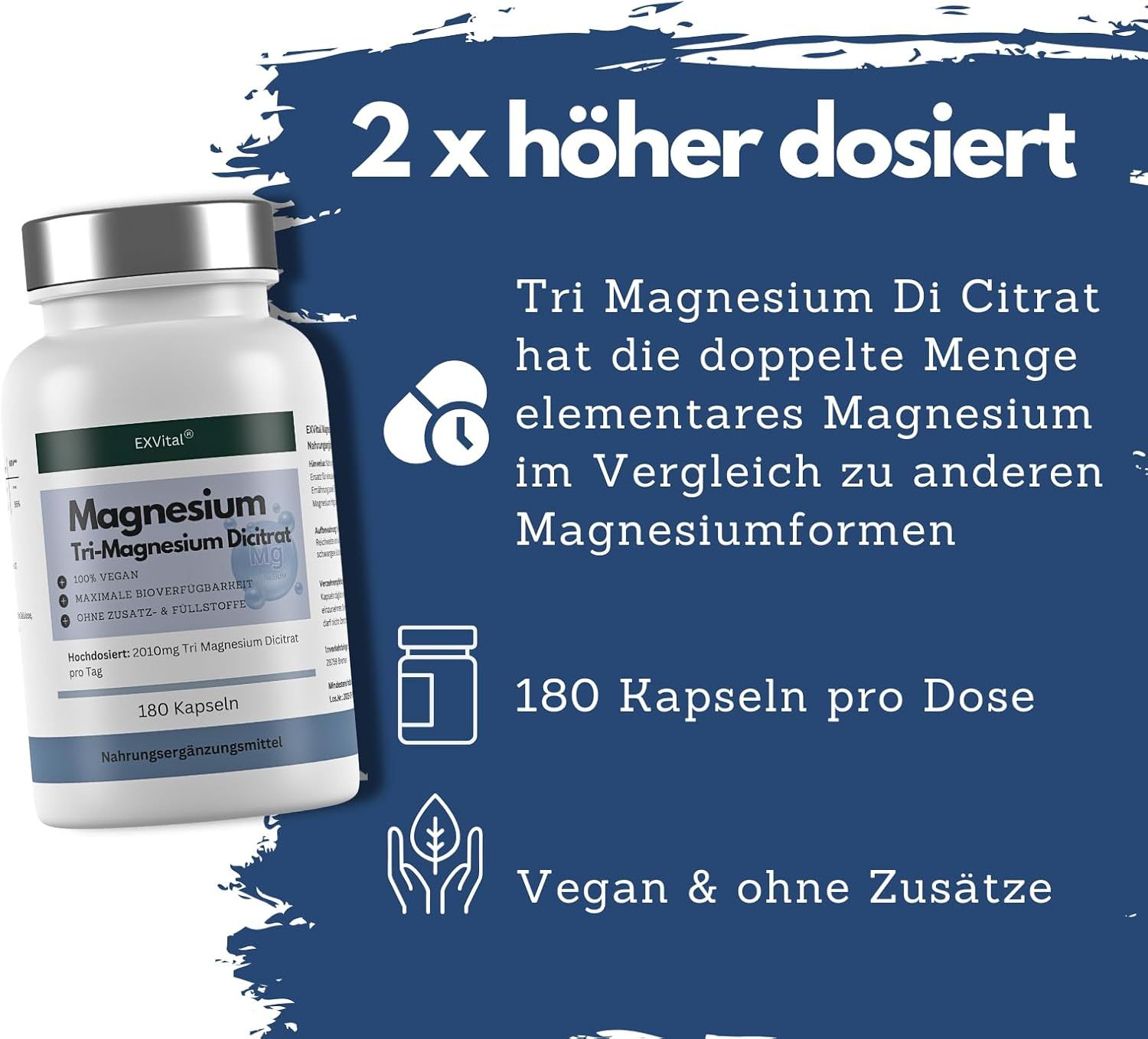 Flacone bianco con etichetta blu. Testo: EXVital, Magnesium Tri-Magnesium Dicitrat, 180 capsule. 2 volte più concentrato.
