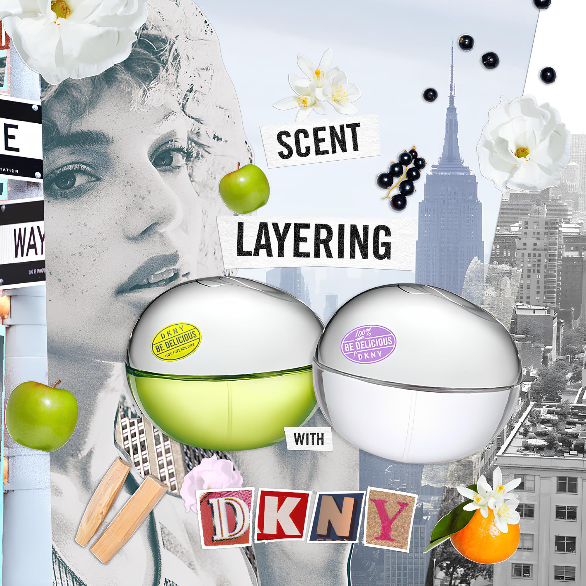 Collage con flaconi, mele, fiori e testo. Due flaconi rotondi, uno verde, uno bianco. Vista della città sullo sfondo.