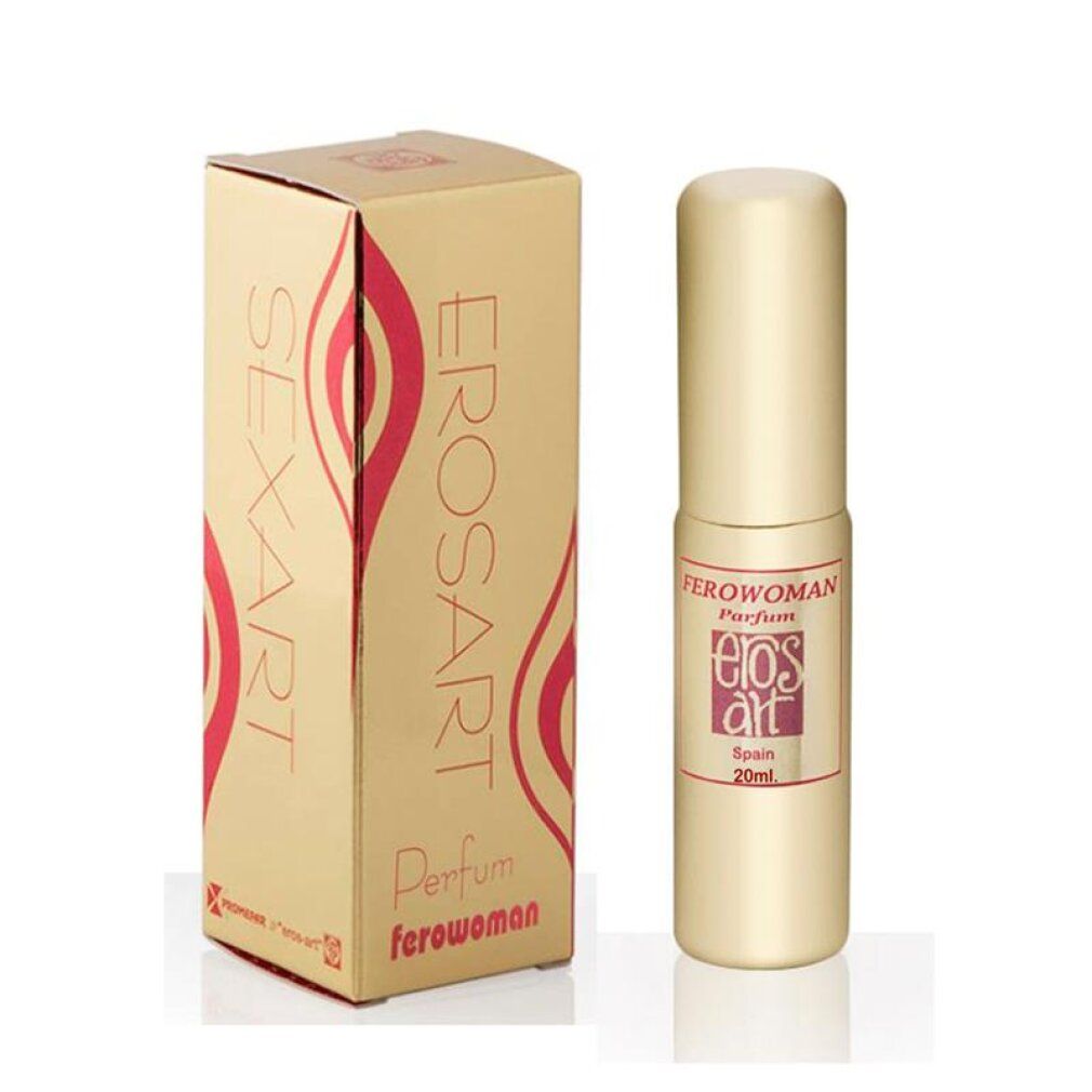 Flacone e scatola dorati per Eros - Ferowoman - Profumo feromoni per donne. Scatola con forme astratte rosse.
