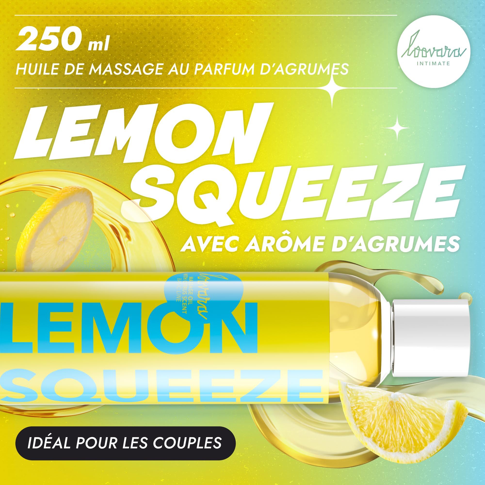 Flacone di olio da massaggio Loovara Lemon Squeeze, 250 ml, profumo agrumato.