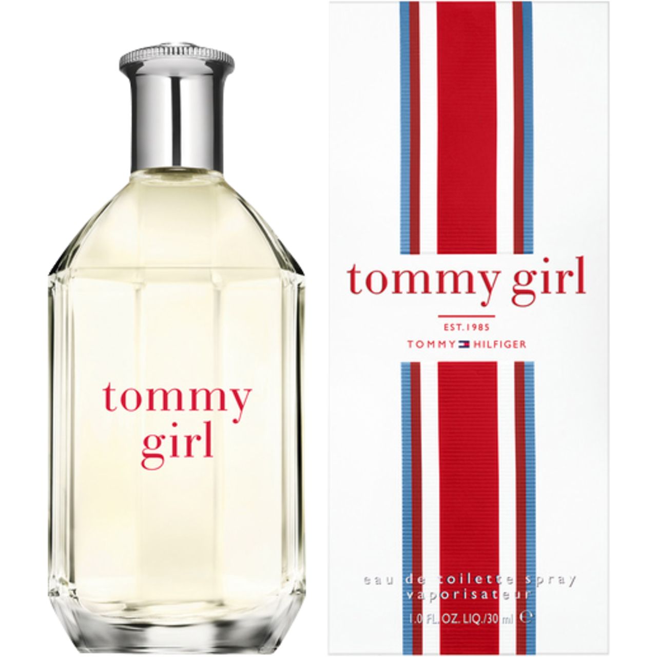 Flacone in vetro con tappo argentato e scritta rosa "tommy girl". Accanto, una confezione a strisce rosse, bianche e blu.