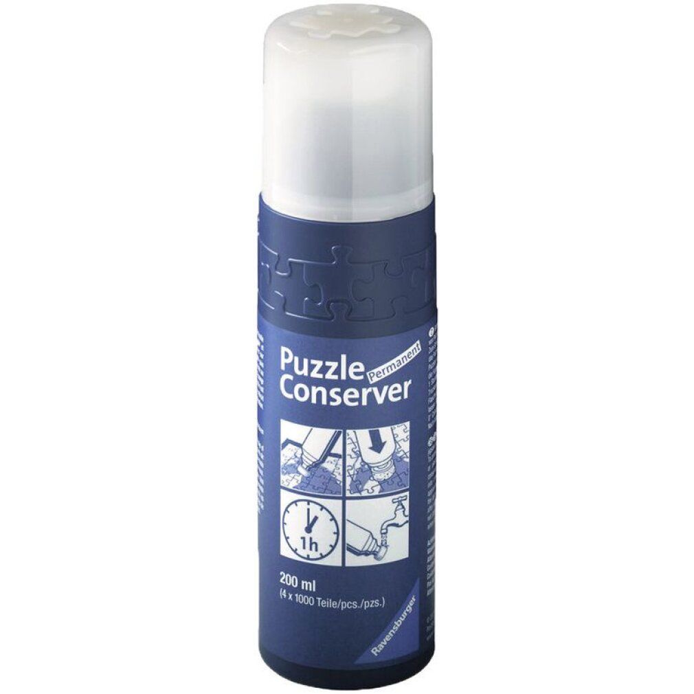 Bottiglia blu Puzzle Conserver con tappo bianco. Testo e illustrazioni. Forma cilindrica.