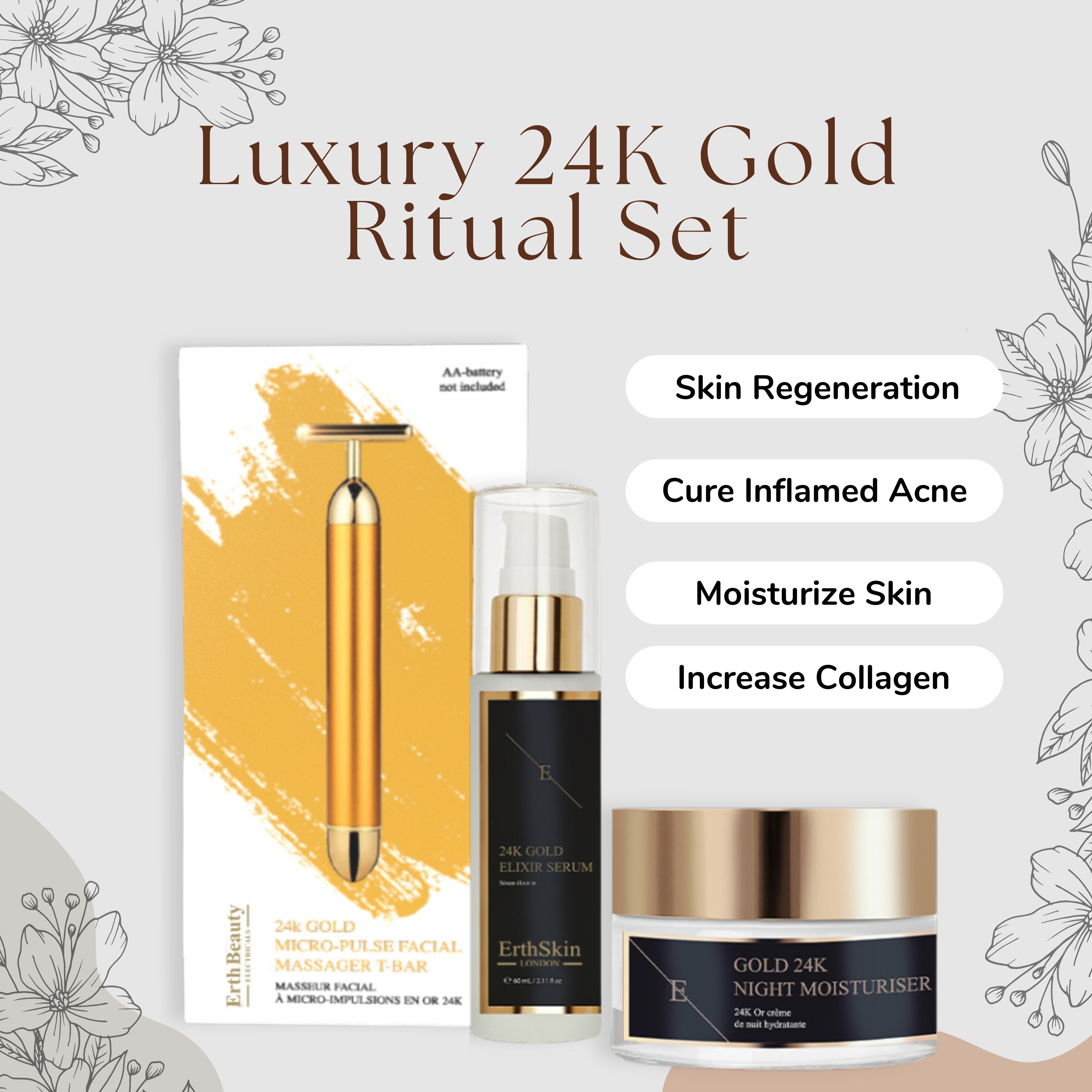 Set ErthSkin London. Massaggiatore a T 24K, siero e crema. Massaggiatore dorato, flacone di siero e vasetto di crema. Testo: Luxury 24K Gold Ritual Set.