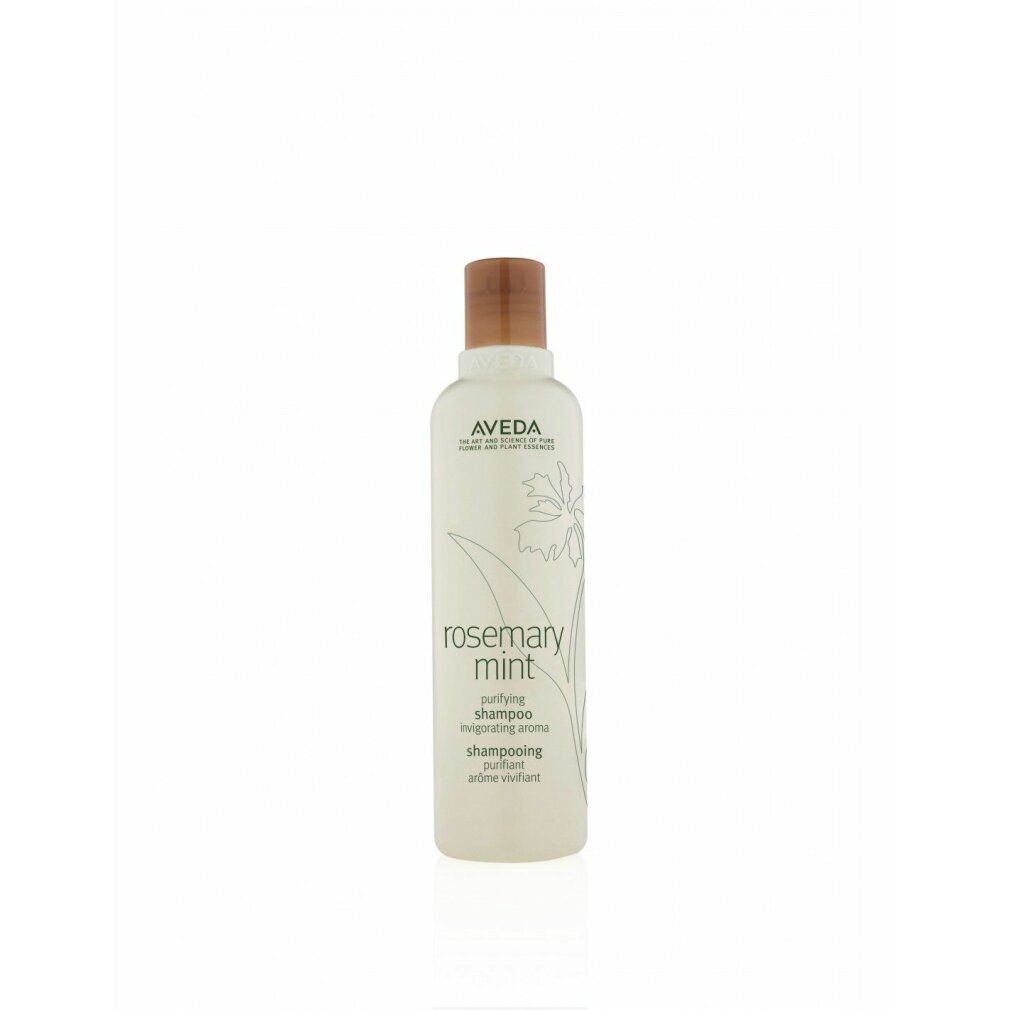Flacone di shampoo Aveda. Etichetta bianca con testo e logo. Tappo marrone. Nome prodotto: Rosemary Mint.