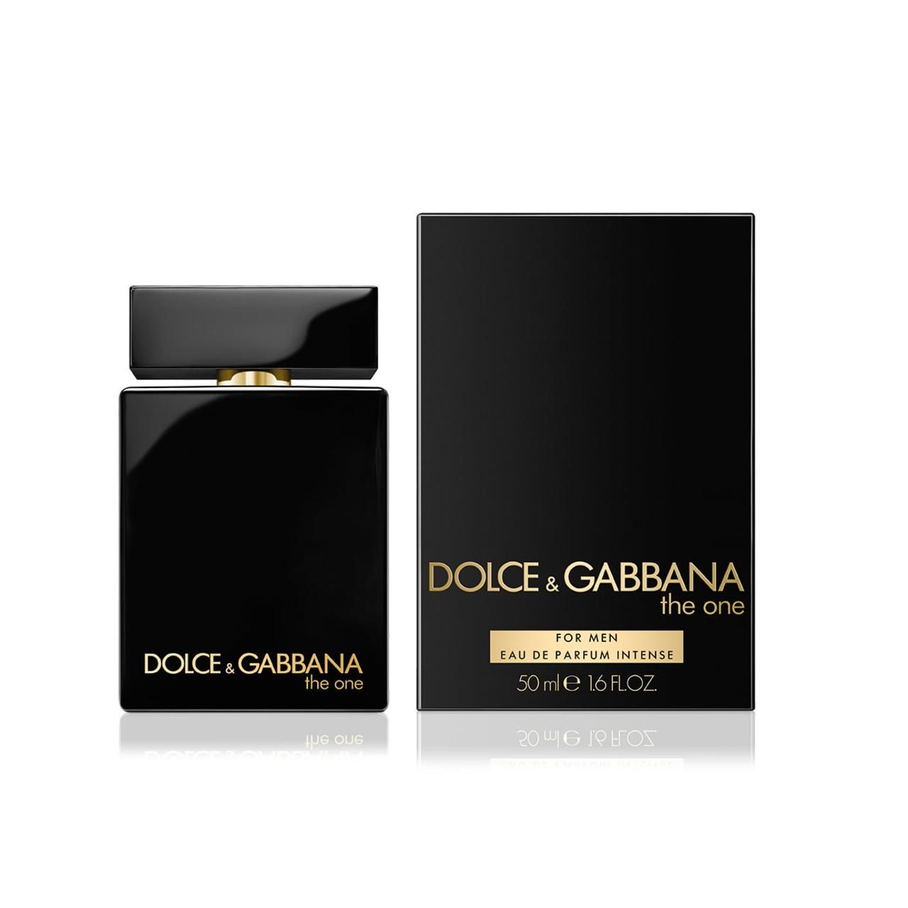 Flacone e confezione neri. Scritta dorata: Dolce & Gabbana The One. Per uomo. Eau de Parfum Intense.