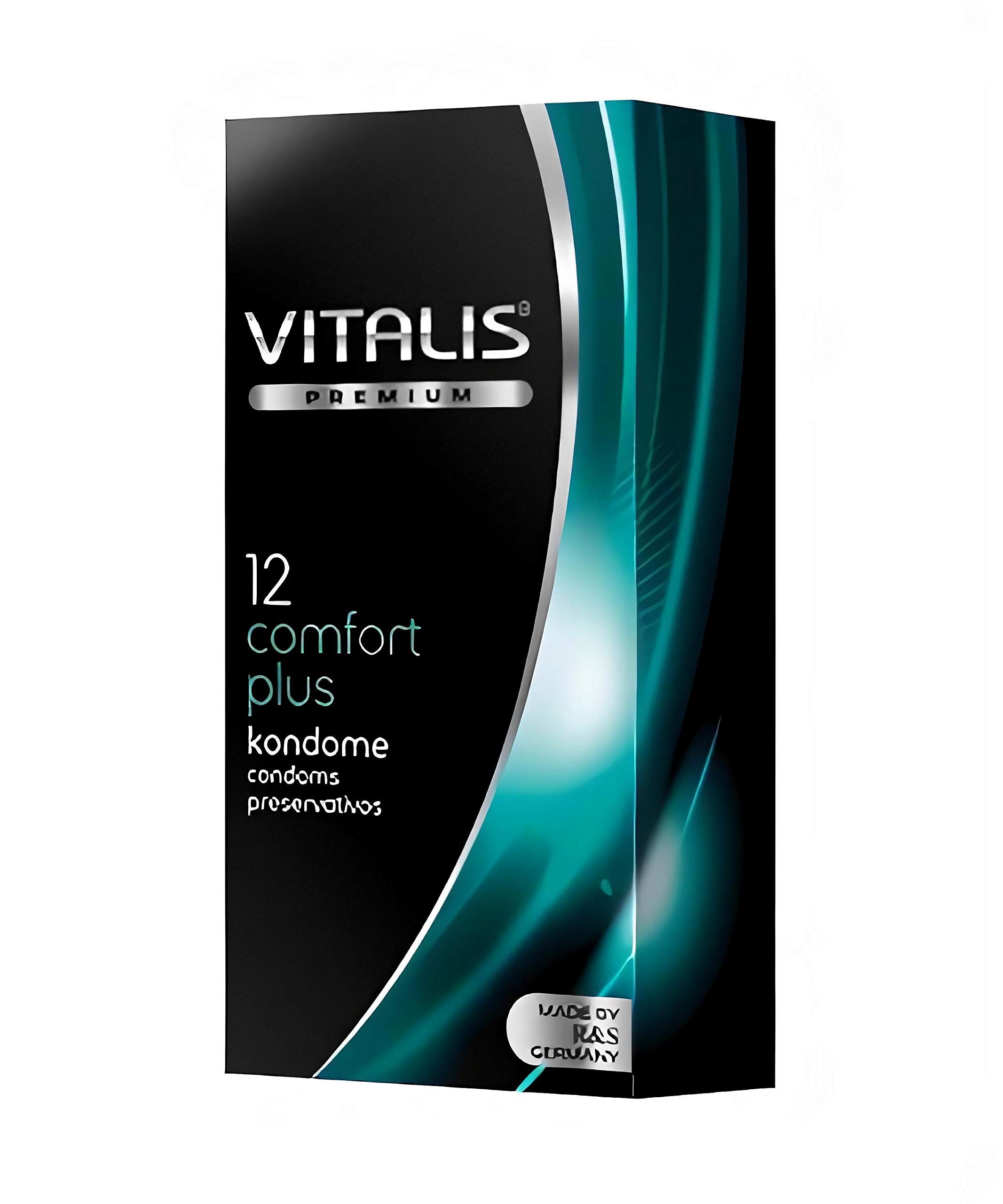 Vitalis Kondome Comfort Plus, confezione da 12. Preservativi confezionati singolarmente con informazioni sul prodotto.