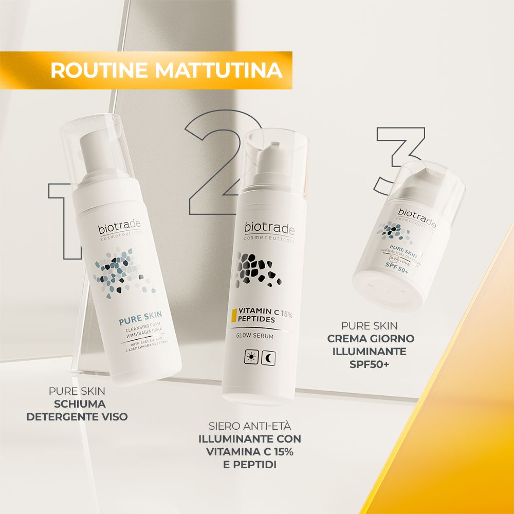 Tre prodotti Biotrade: Schiuma detergente Pure Skin, Siero Vitamin C 15% Peptides, Crema giorno illuminante SPF50+.