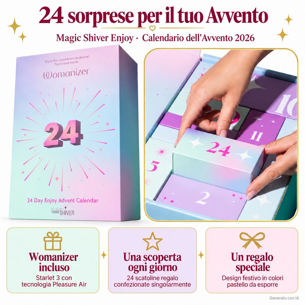 Calendario dell'Avvento Womanizer con 24 sorprese, riempito con vari prodotti.