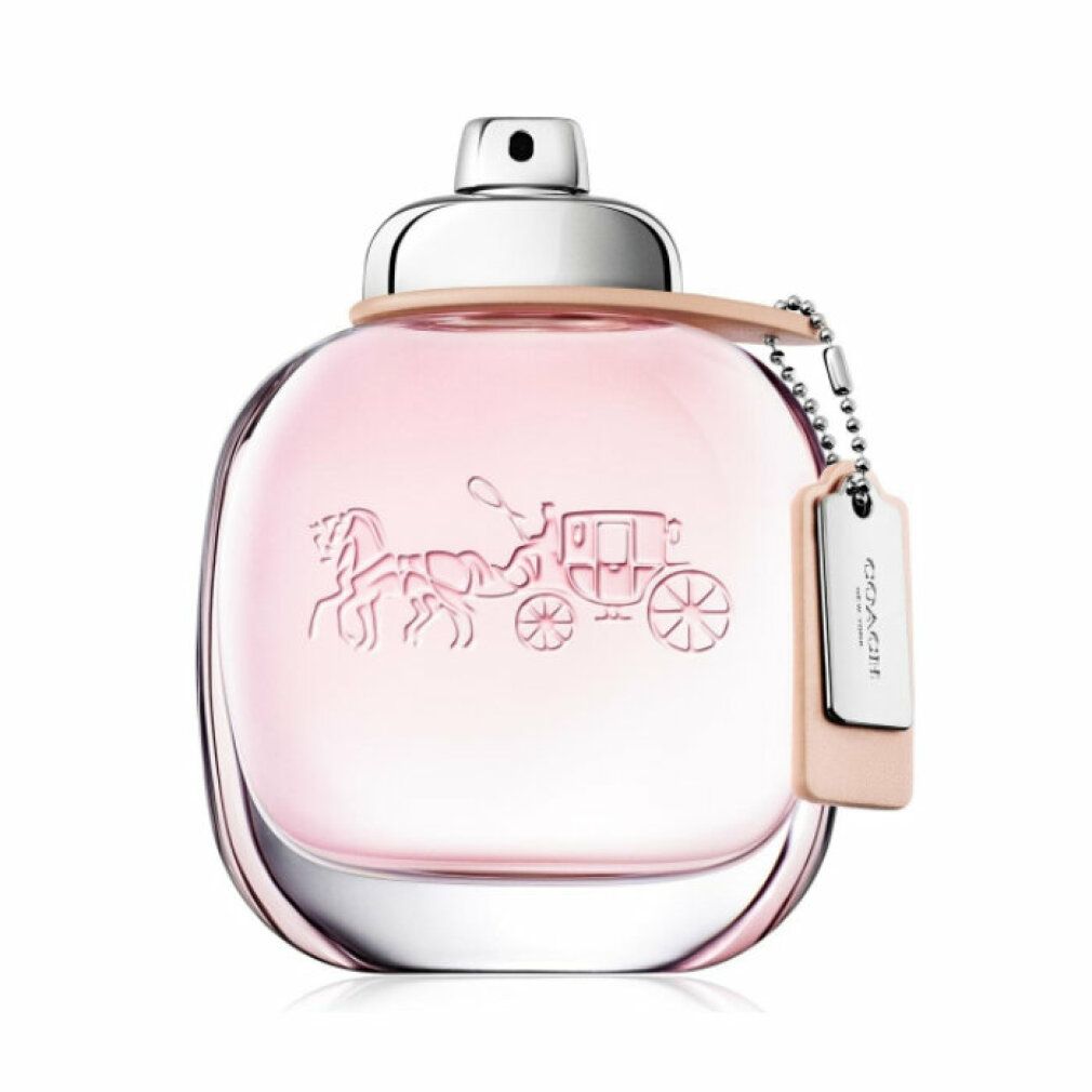 Flacone rosa Eau de Toilette. Logo e scritta COACH. Ciondolo con logo. Flacone in vetro. Liquido rosa chiaro.