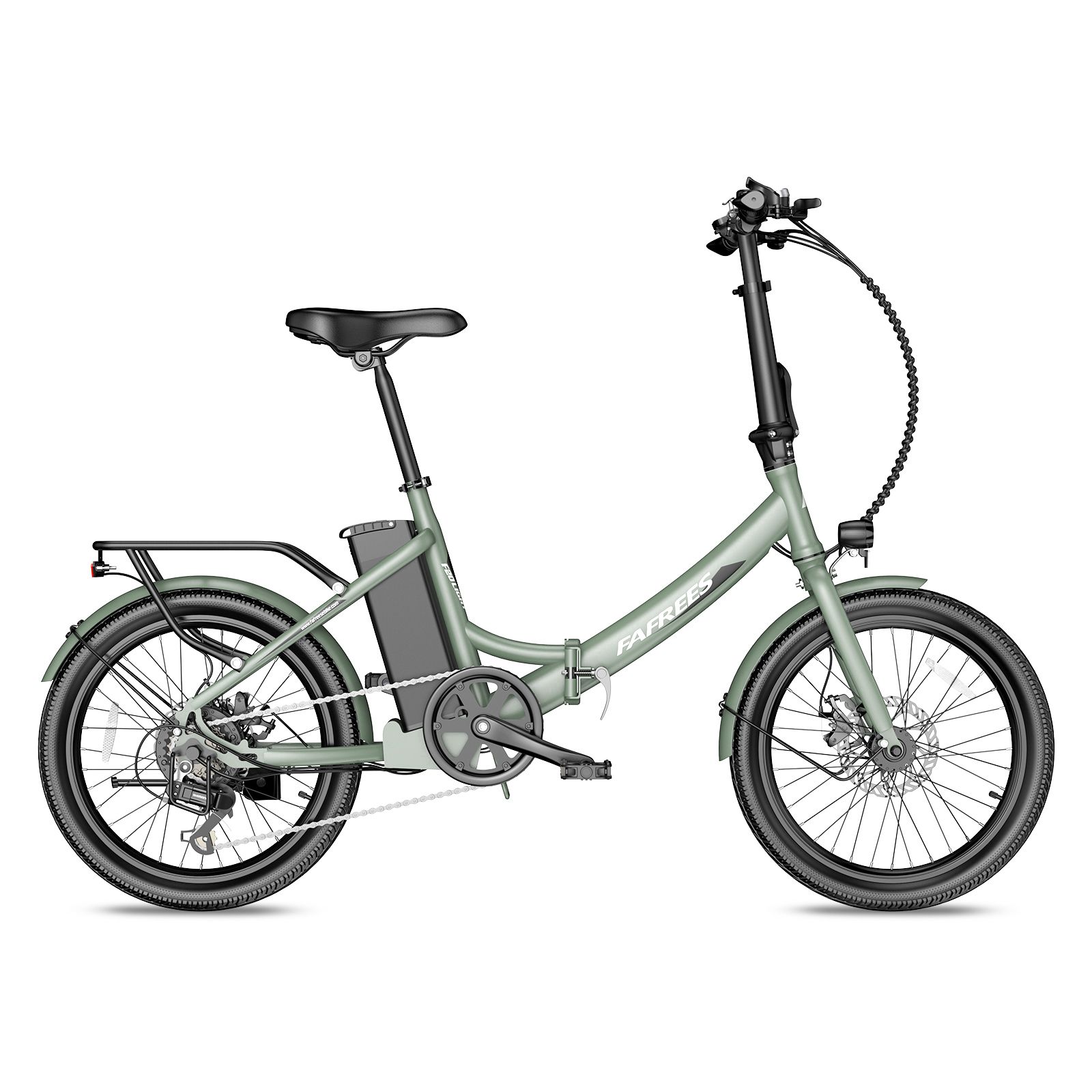 E-bike Fafrees F20Light verde chiaro. Telaio pieghevole, portapacchi, parafanghi. Pneumatici e sella neri. Batteria sul telaio.