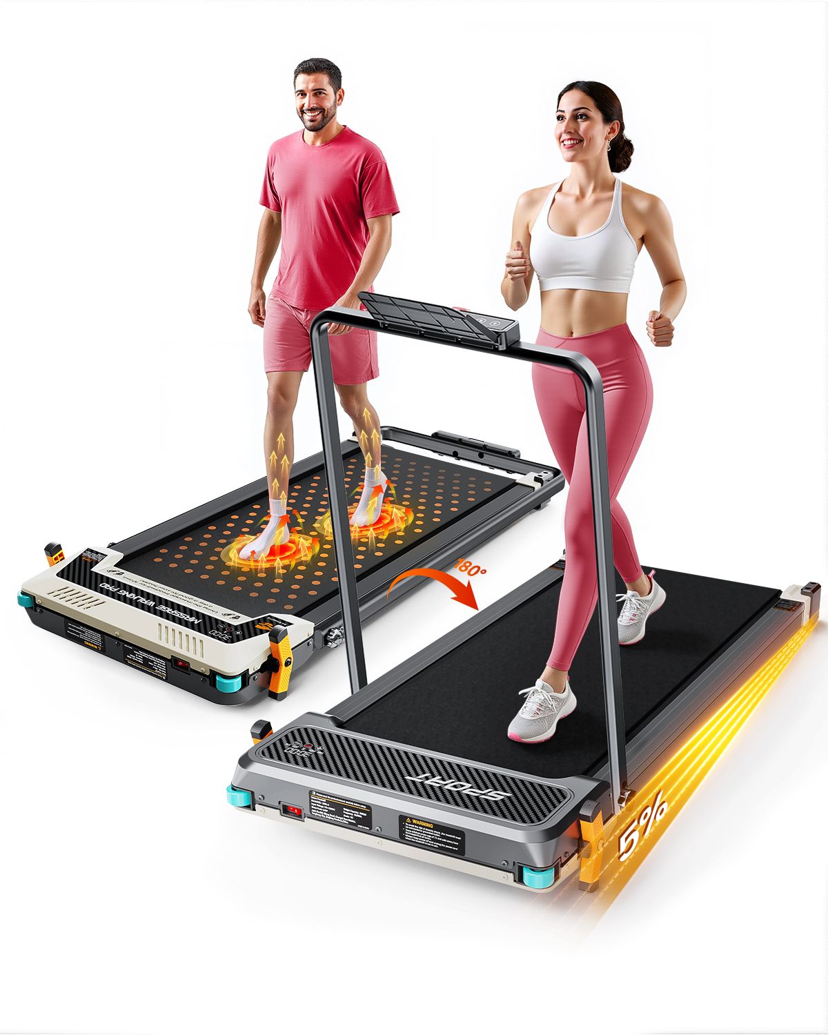 Due tapis roulant. Persone si allenano. Uno mostra una funzione massaggio, l'altro un display. Entrambi hanno maniglie.