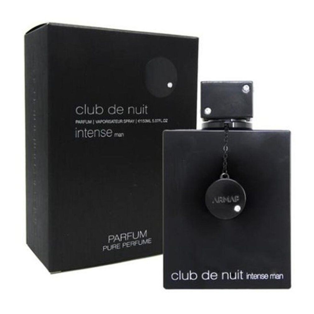 Flacone e confezione neri. Flacone con tappo quadrato. Scritta 'club de nuit intense man'.
