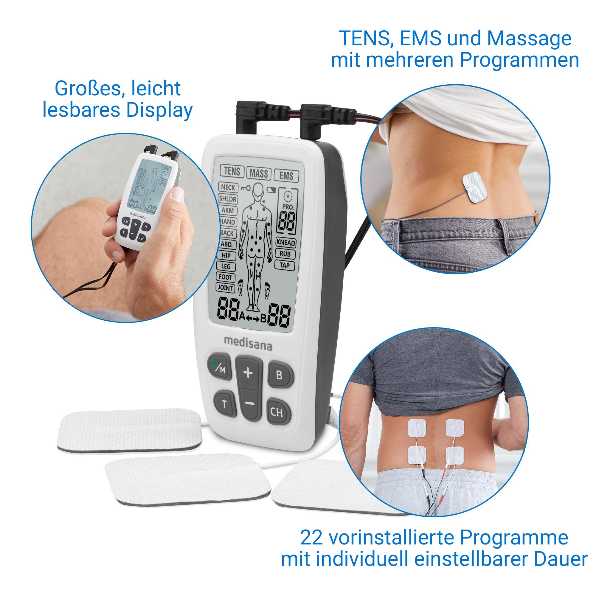 Dispositivo TENS/EMS Medisana TT 200 con applicazione elettrodi sulla schiena e panoramica display.