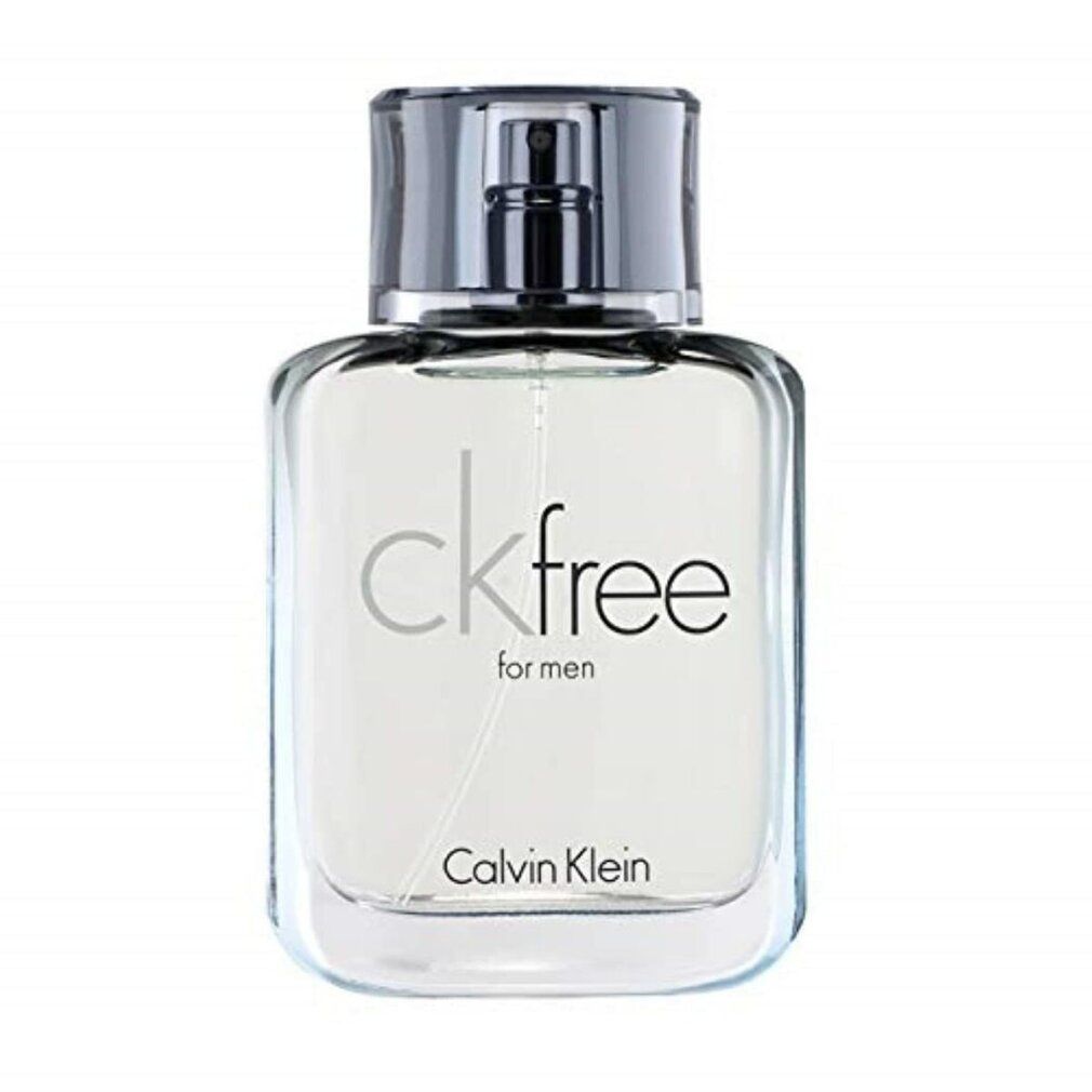 Flacone rettangolare di ckfree for men con vaporizzatore argentato. Sul flacone, ckfree for men e Calvin Klein.