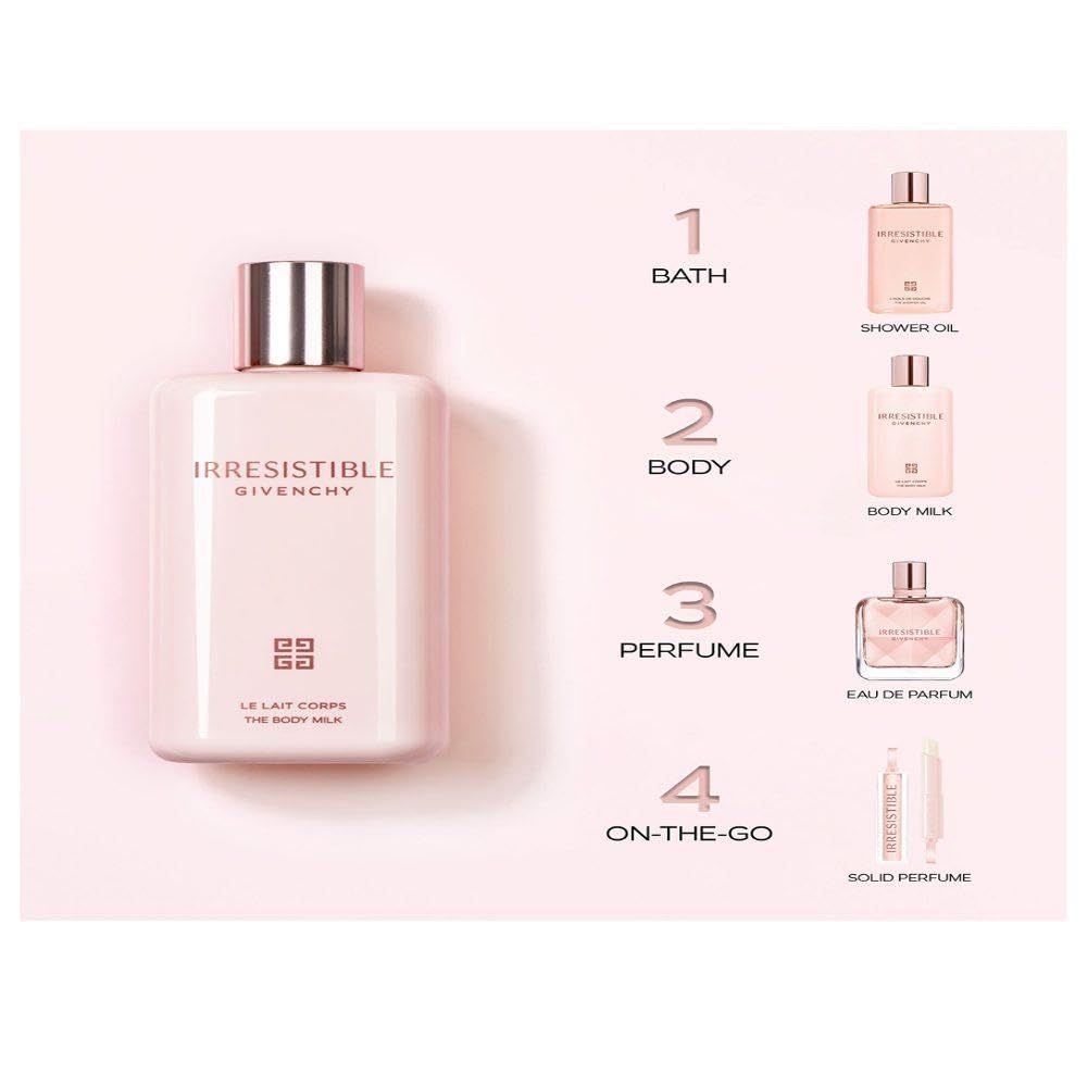 Flacone rosa con tappo argentato. Testo: Irresistible Givenchy, Le Lait Corps The Body Milk. Quattro categorie di prodotti: Bagno, Corpo, Profumo, On-the-go.