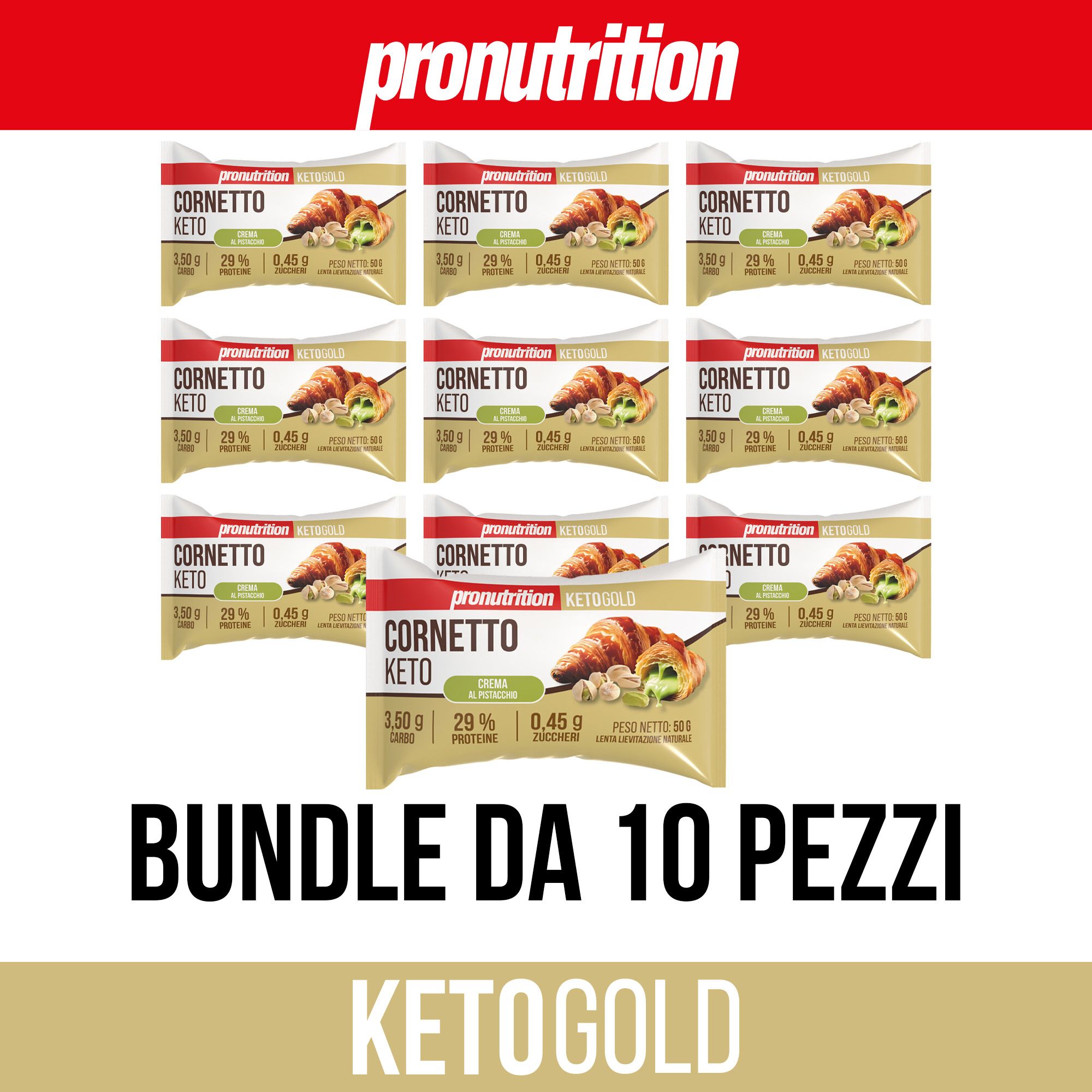Nove prodotti Cornetto Keto confezionati singolarmente. Scritta: Bundle da 10 pezzi. Marchio Pronutrition.