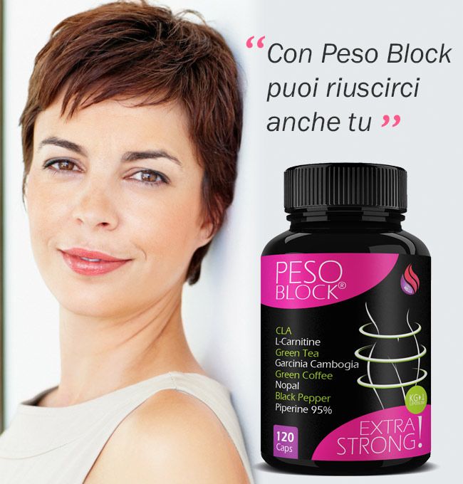 Donna accanto a flacone di capsule. Etichetta rosa con "PESO BLOCK" e ingredienti. Testo "EXTRA STRONG".