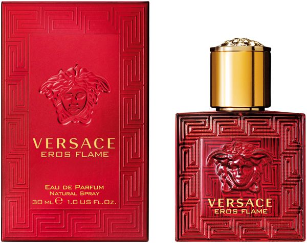 Flacone e confezione rossi. Tappo dorato. Scritta: Versace Eros Flame. 30 ml.