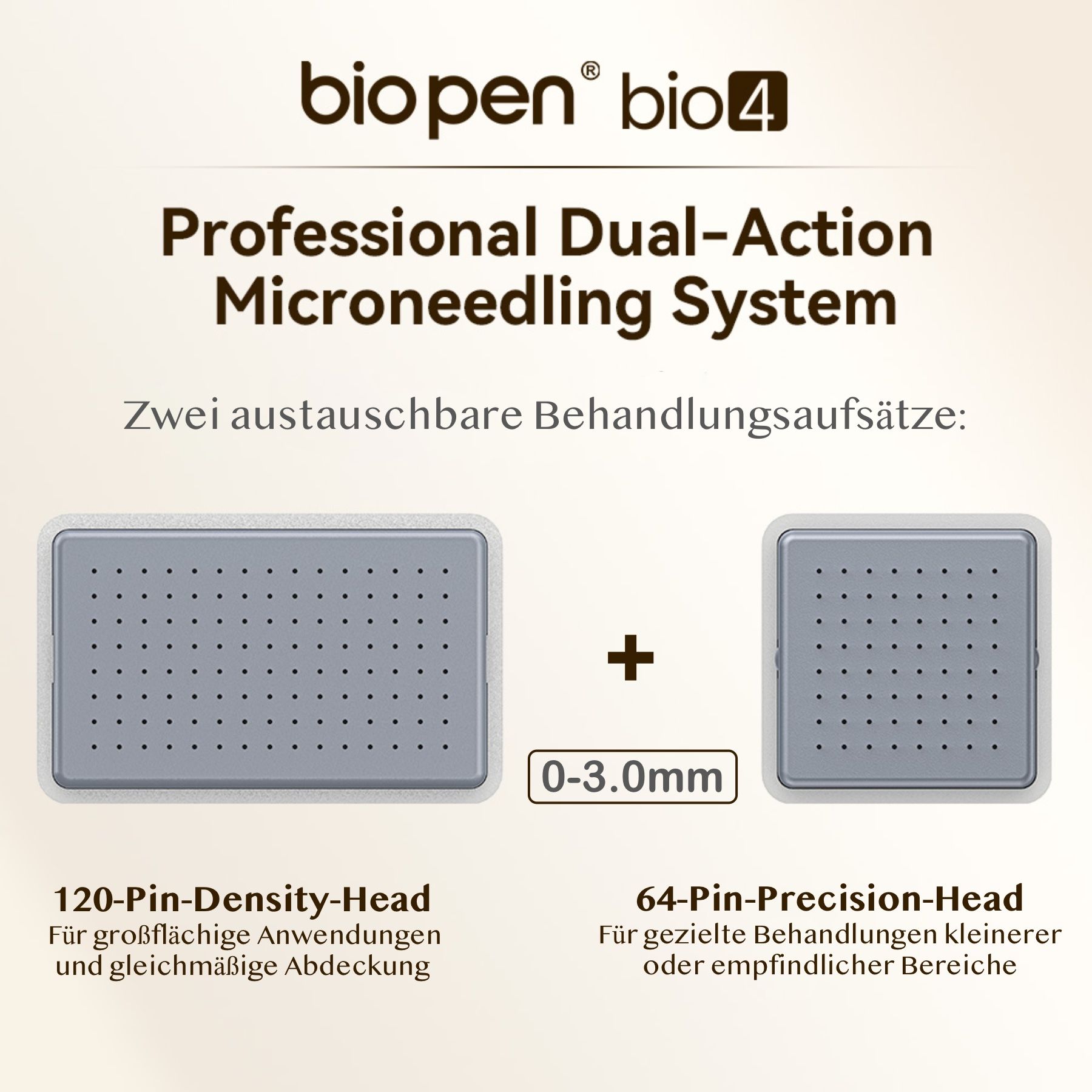 Due testine di trattamento intercambiabili. Testina a 120 pin e testina a 64 pin. Campo di regolazione 0-3,0 mm.