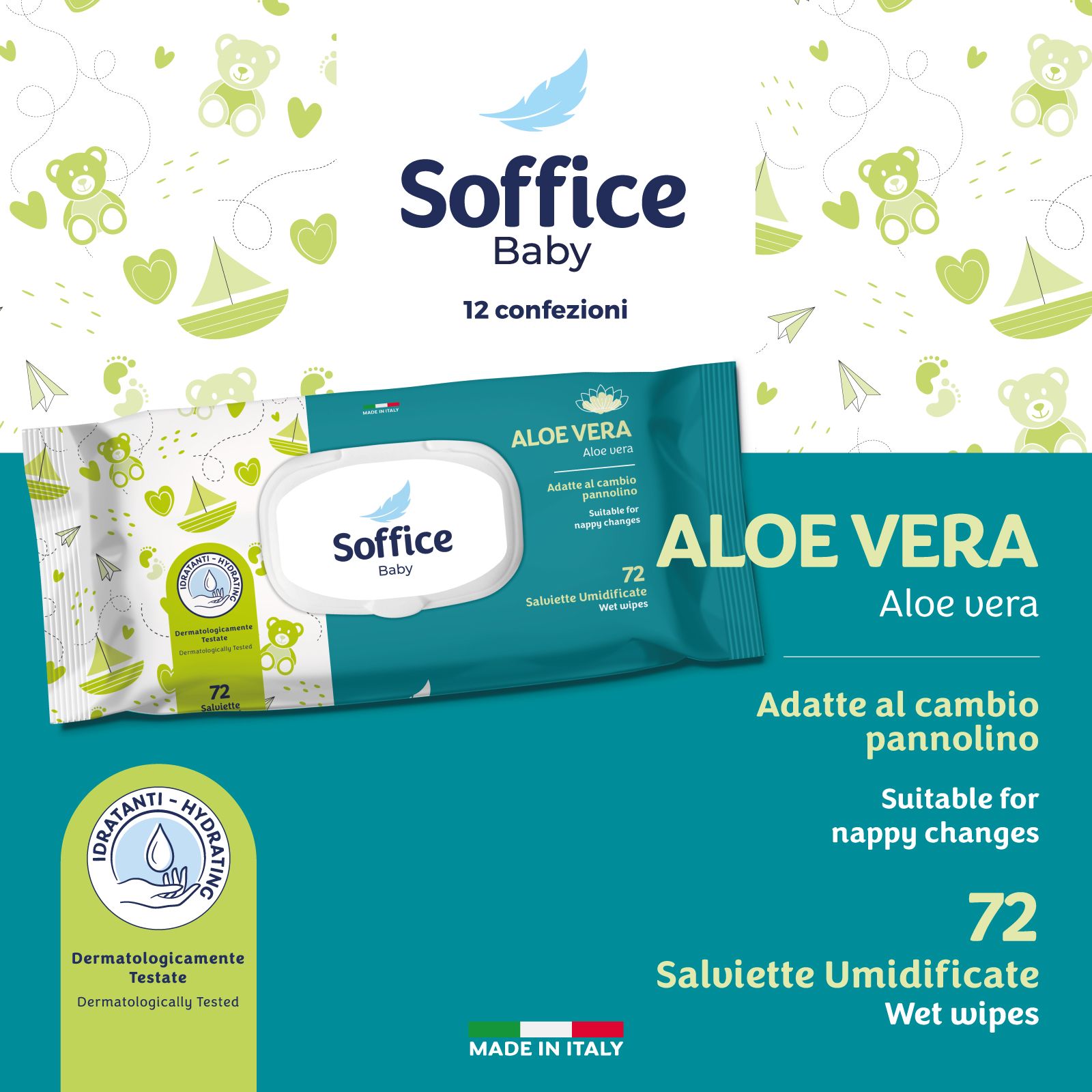 Salviette umidificate Soffice Baby Aloe Vera, 72 pezzi, "Made in Italy".